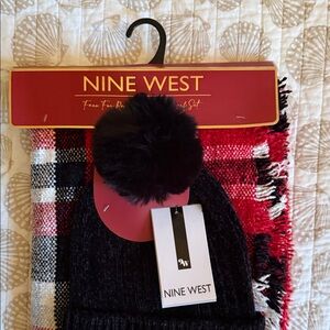 Nine West Black Pom-Pom Hat and Red Plaid Scarf Set